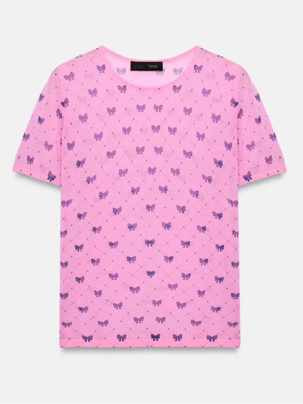 Zara fine knit pink top with purple bows print